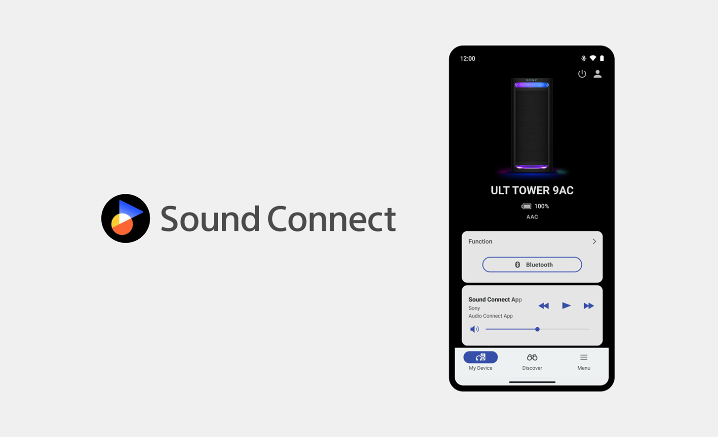 Le logo Sound Connect à côté de l'image d'un téléphone portable sur lequel l'application Sony Connect est ouverte et en cours d'utilisation, visible à l'écran