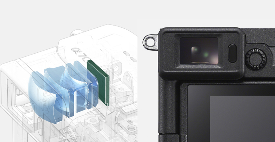 Illustraties van de binnenkant van de zoeker en een close-up van de zoeker