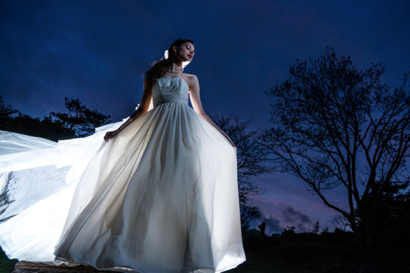 Exemple : femme en robe blanche de nuit avec des arbres en arrière-plan