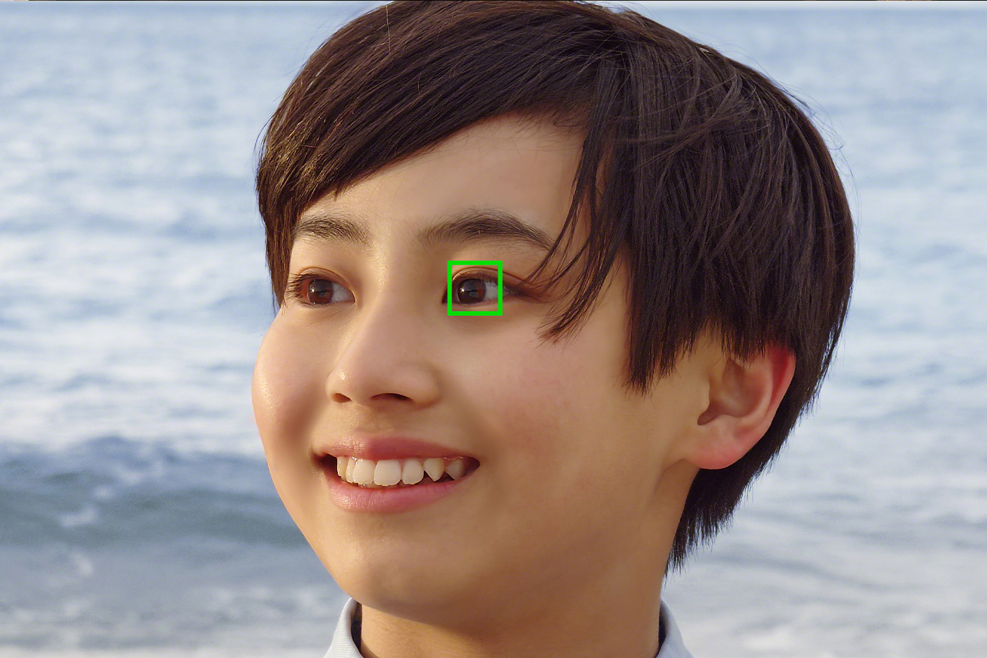 Close-up van een persoon met een groen vierkant rond het oog