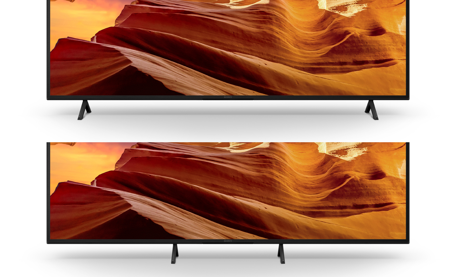 Deux images de TV avec un pied large présenté sur l'image du dessus et un pied central sur l'image du dessous, avec des captures d'écran d'un paysage rocheux